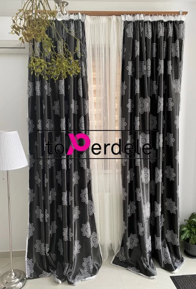 poze Draperie neagră model flori gri
